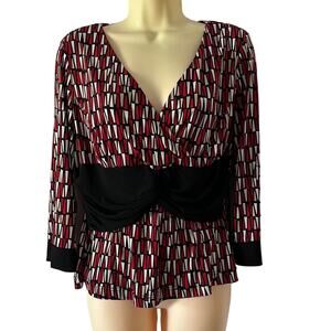 Danny & Nicole Geometric Print Surplice Knit Top Blouse Size 14 Y2K Vintage
